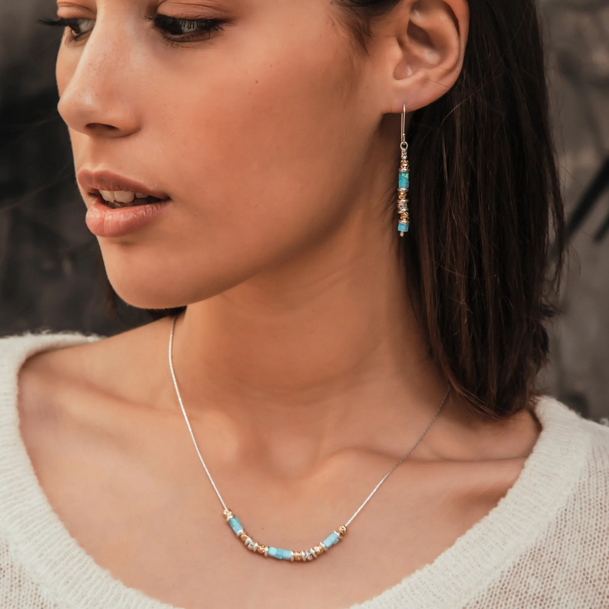 0.14 Carat Blue Opal Stone Two Tone 14k Yellow Gold Filled And 925 Sterling Silver Drop/Dangle Earrings Fast&Free Shipping!Everyday earrings