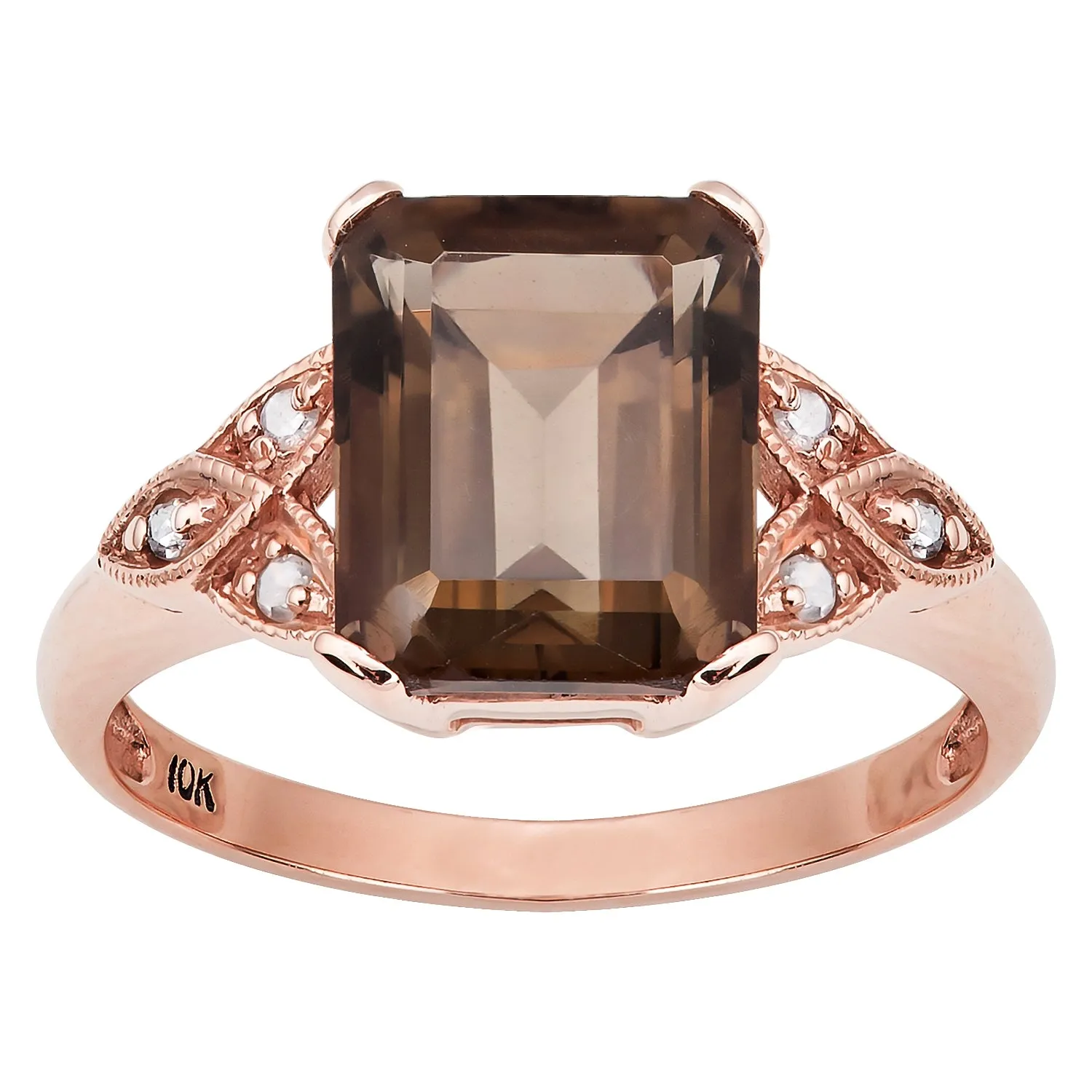 10k Rose Gold Vintage Style Genuine Emerald-cut Smoky Quartz and Diamond Ring