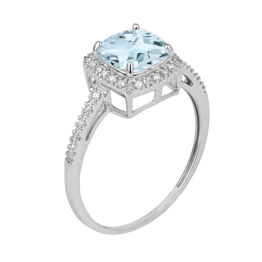 10k White Gold Genuine Cushion-cut 1.50ct Aquamarine and Diamond Halo Ring