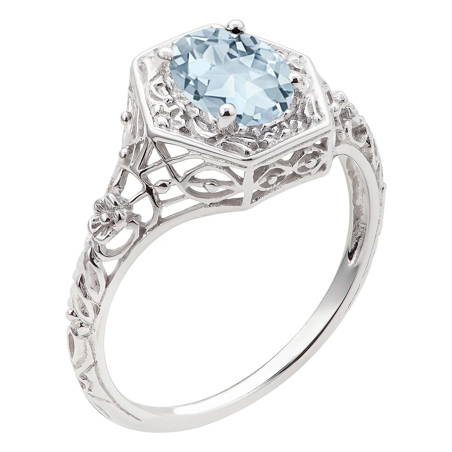 10k White Gold Vintage Style Genuine Oval Aquamarine Filigree Ring