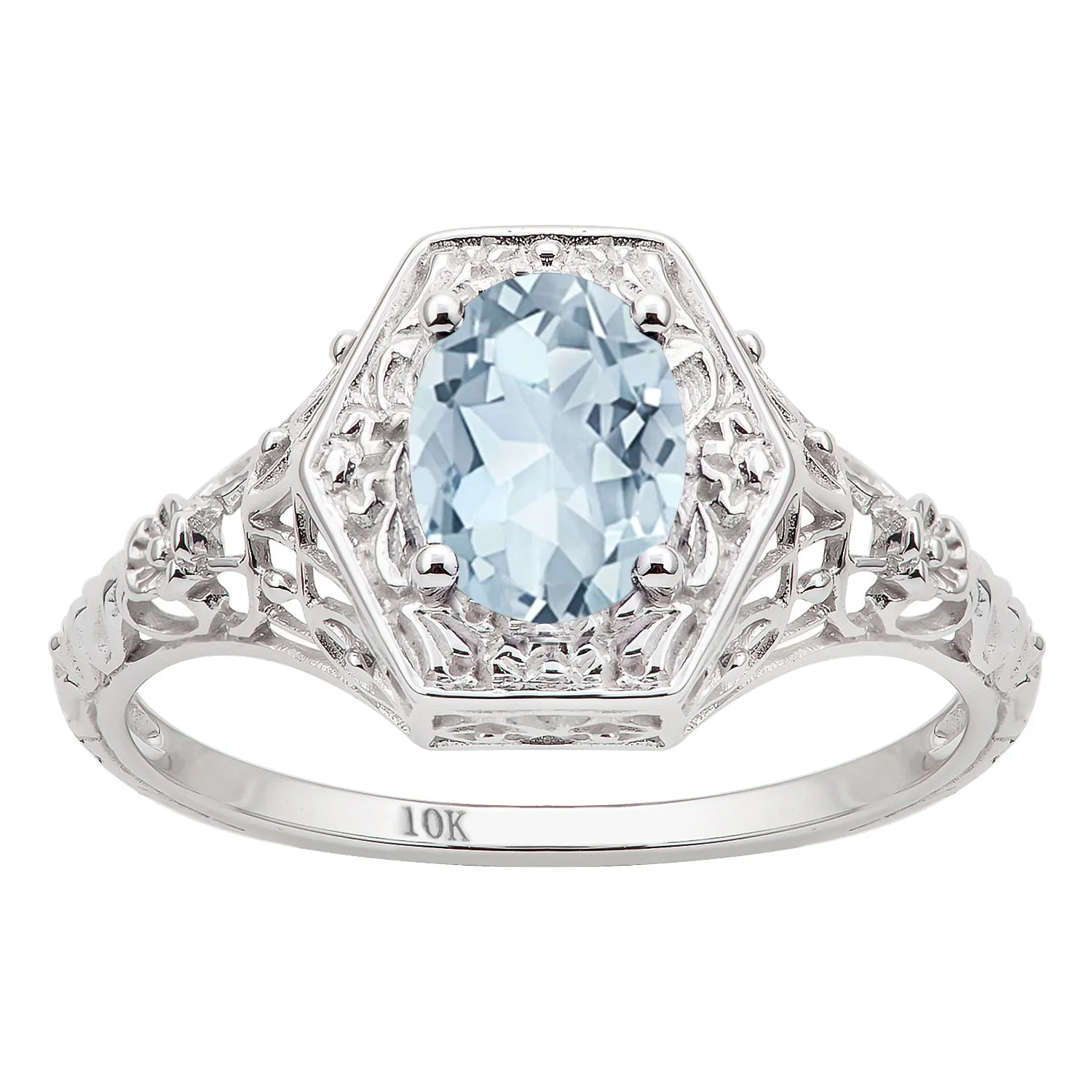 10k White Gold Vintage Style Genuine Oval Aquamarine Filigree Ring