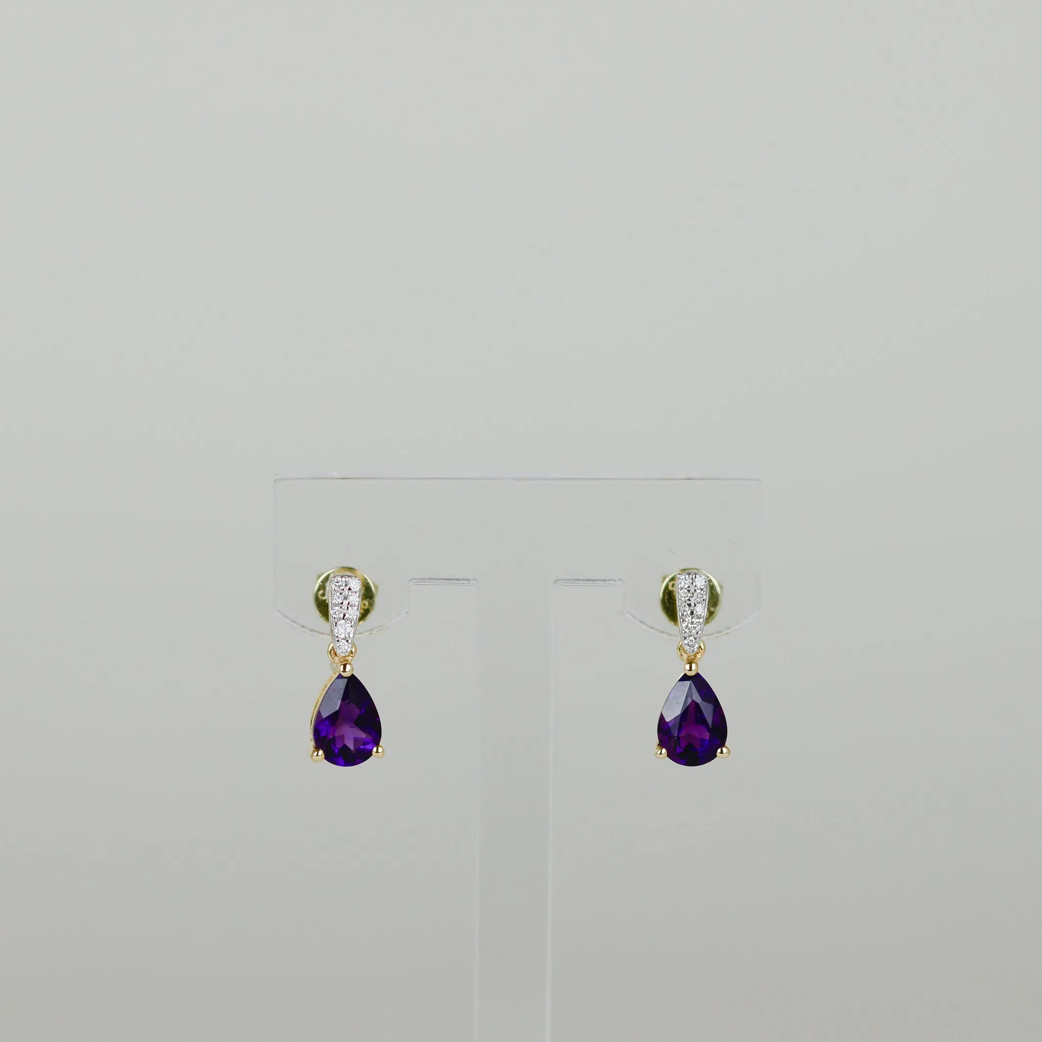9ct Yellow Gold 1.26ct Pear Amethyst and Diamond Drop Earrings