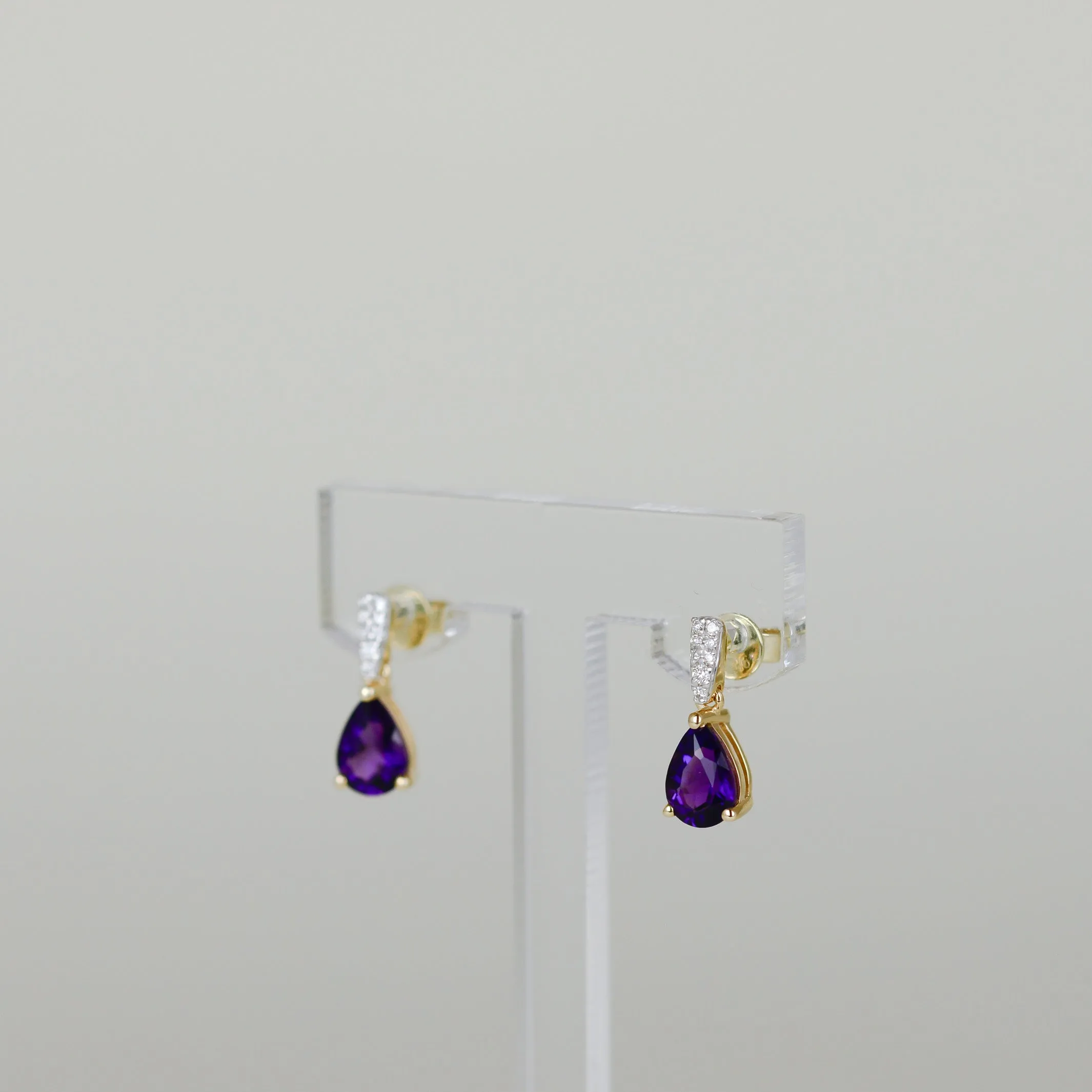 9ct Yellow Gold 1.26ct Pear Amethyst and Diamond Drop Earrings
