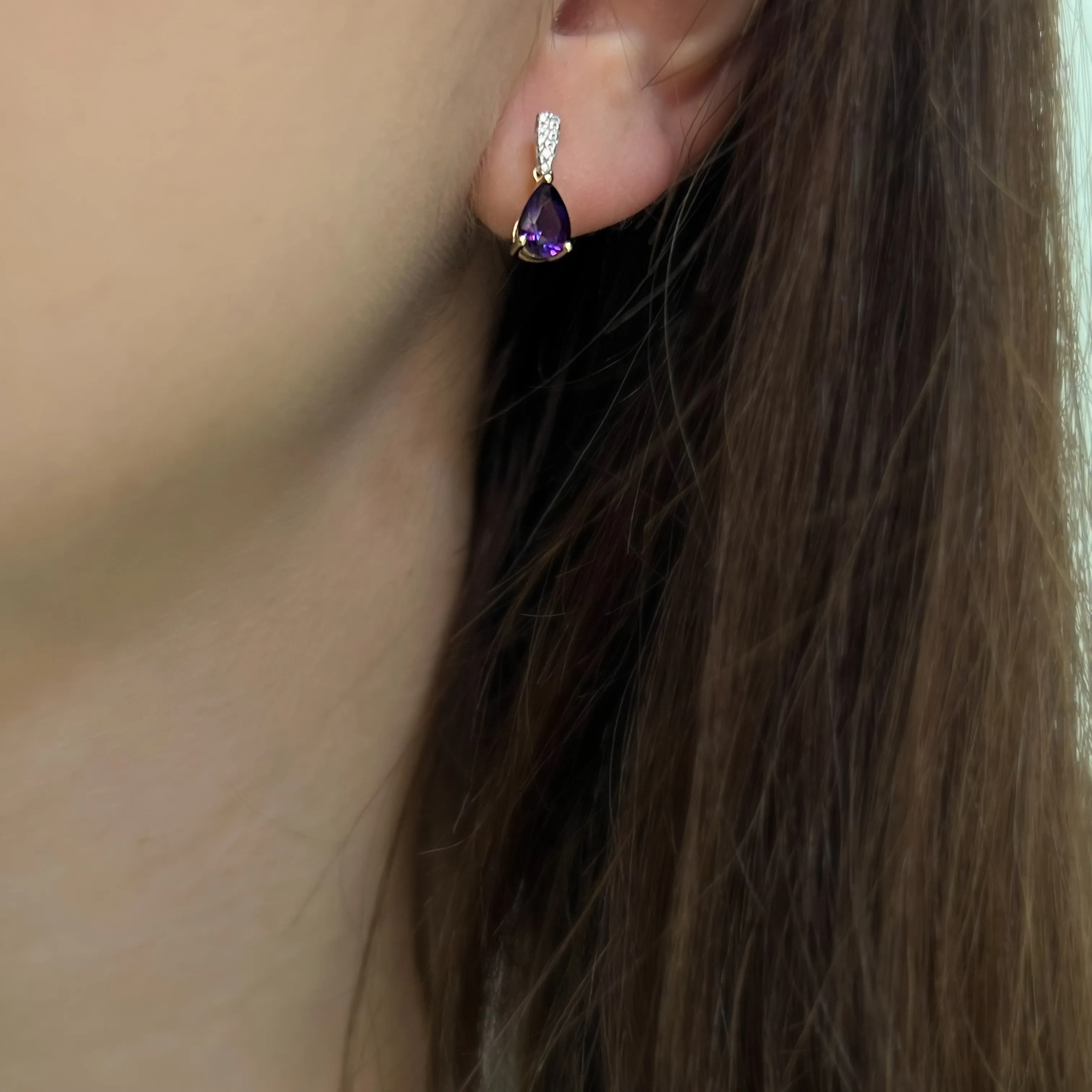 9ct Yellow Gold 1.26ct Pear Amethyst and Diamond Drop Earrings