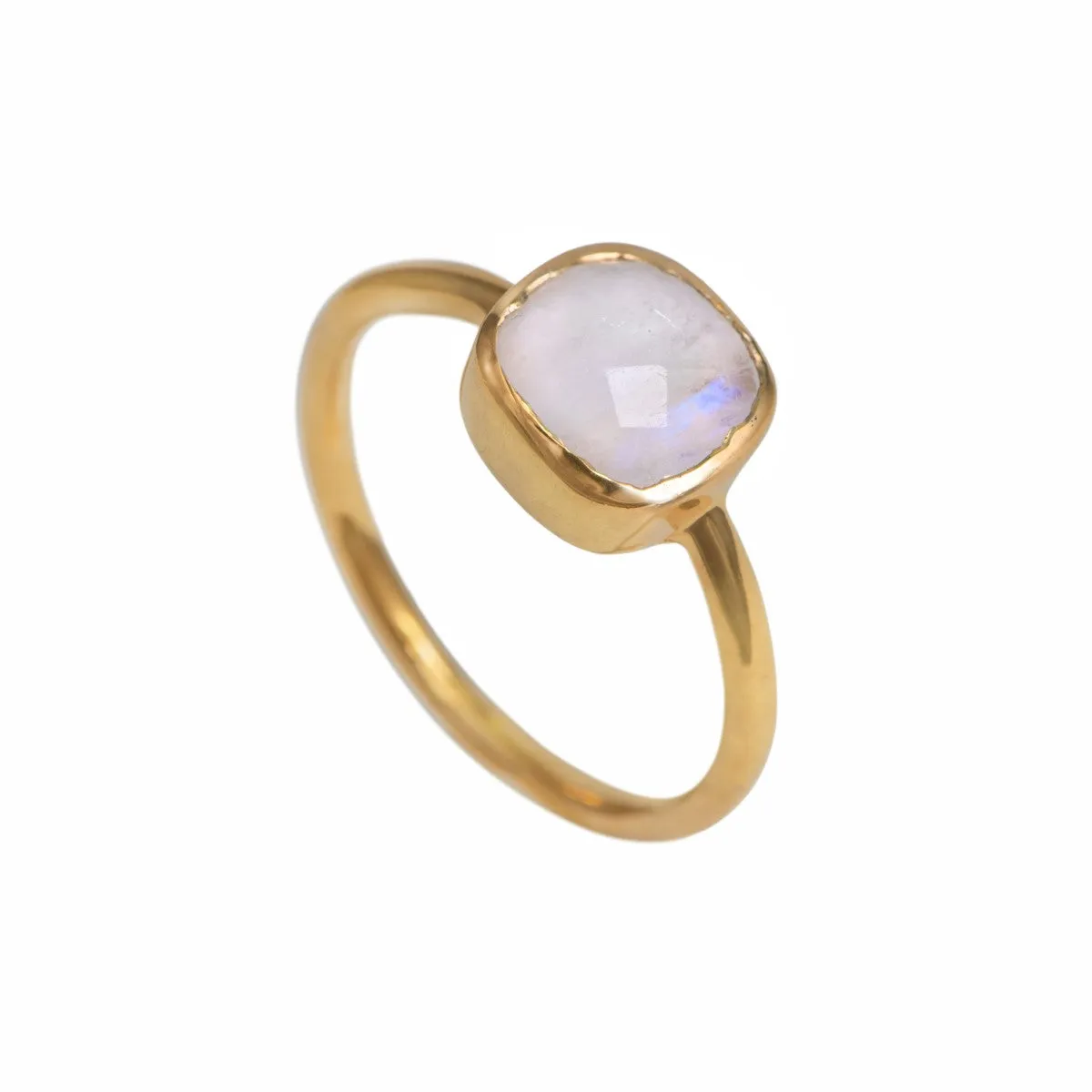Faceted Square Cut Natural Gemstone Gold Plated Sterling Silver Solitaire Ring - Moonstone