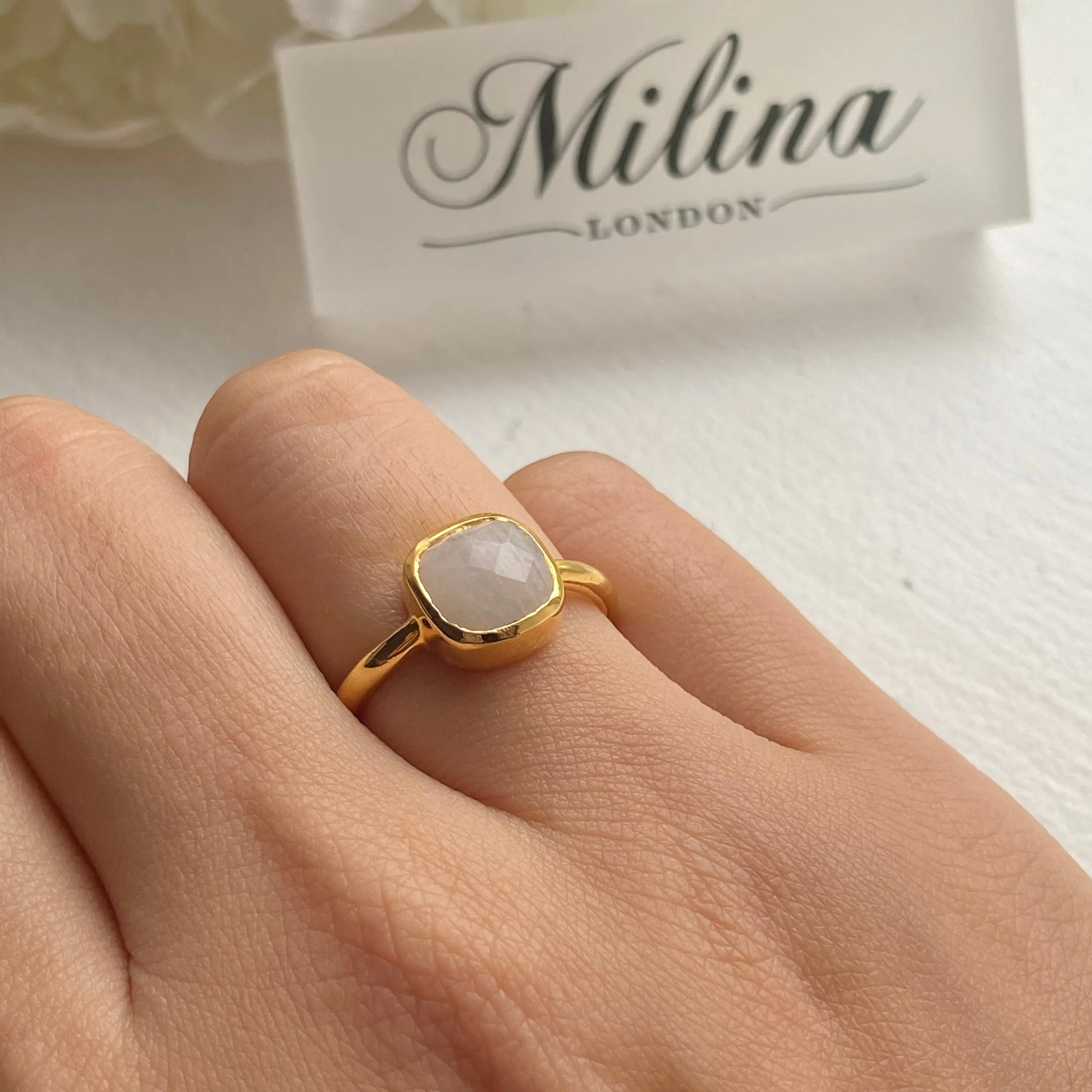 Faceted Square Cut Natural Gemstone Gold Plated Sterling Silver Solitaire Ring - Moonstone