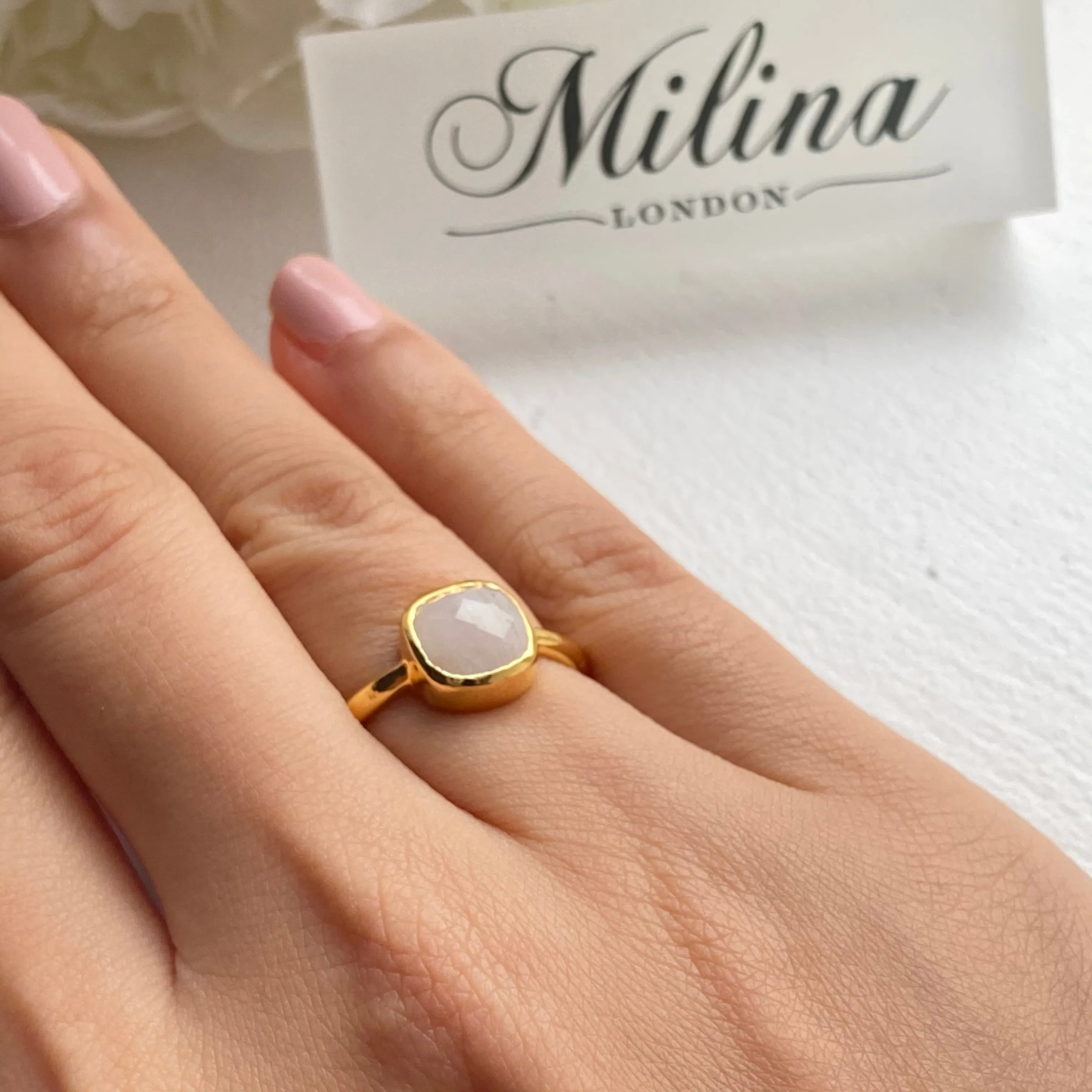 Faceted Square Cut Natural Gemstone Gold Plated Sterling Silver Solitaire Ring - Moonstone
