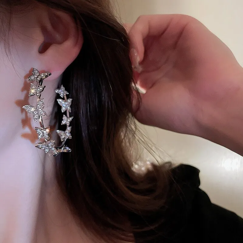 Korean Style Butterfly Hoop Earrings Women Geometric Rhinestones Earrings