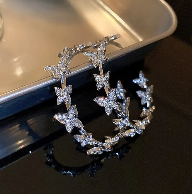 Korean Style Butterfly Hoop Earrings Women Geometric Rhinestones Earrings