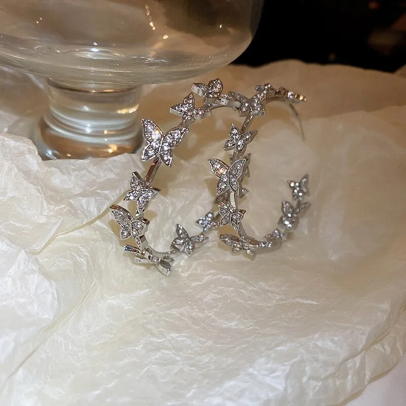 Korean Style Butterfly Hoop Earrings Women Geometric Rhinestones Earrings