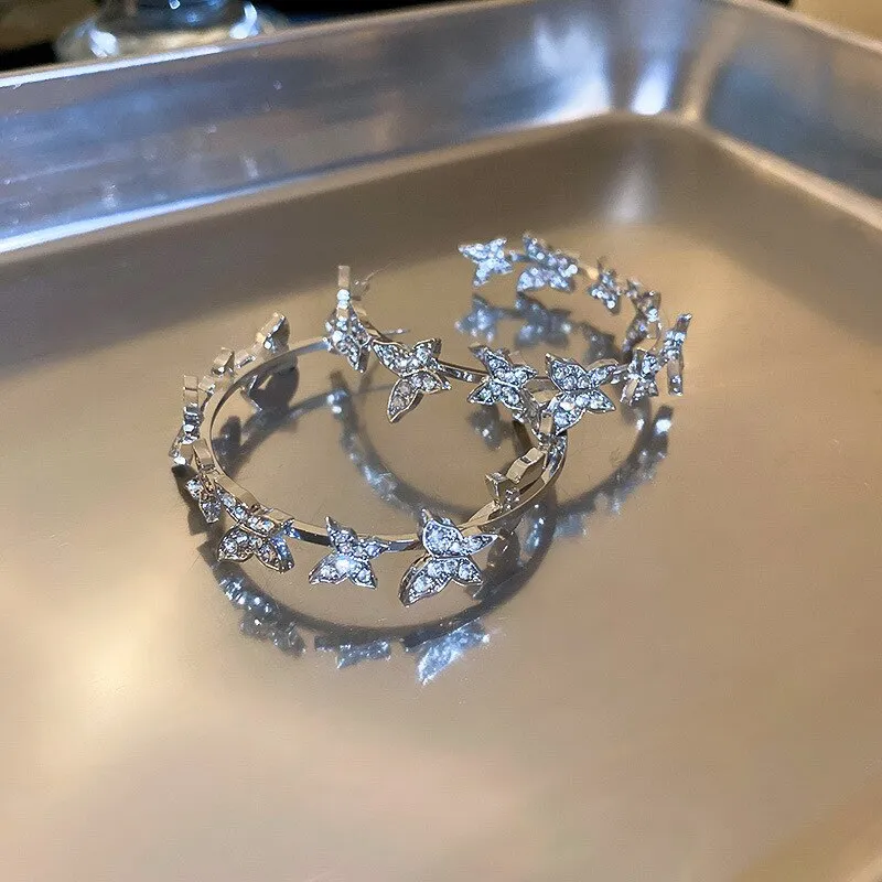 Korean Style Butterfly Hoop Earrings Women Geometric Rhinestones Earrings