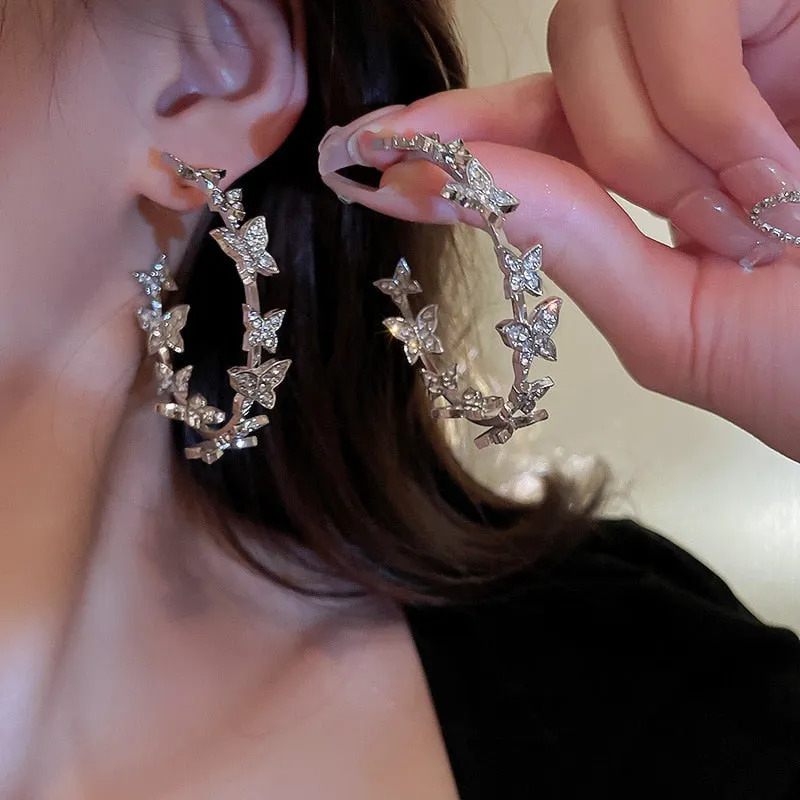 Korean Style Butterfly Hoop Earrings Women Geometric Rhinestones Earrings