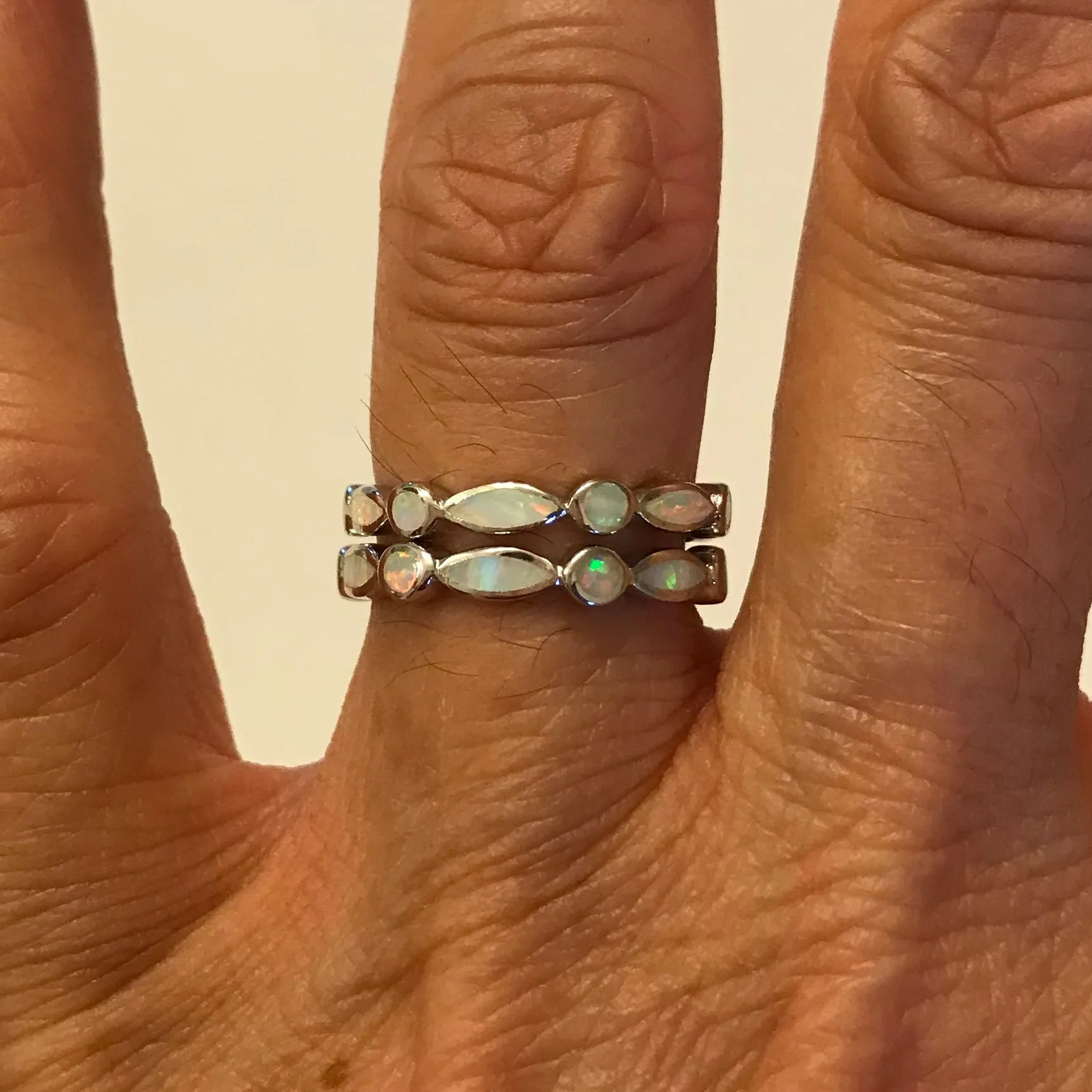 Sterling Silver Diamond Shape and Circle White Lab Opal Ring, Wedding Band, Silver Ring, Opal Ring