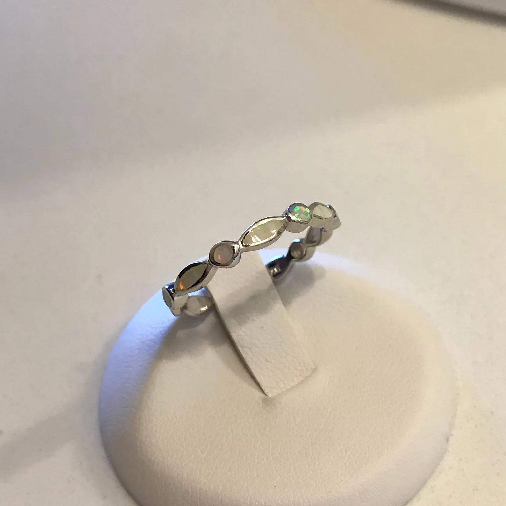Sterling Silver Diamond Shape and Circle White Lab Opal Ring, Wedding Band, Silver Ring, Opal Ring