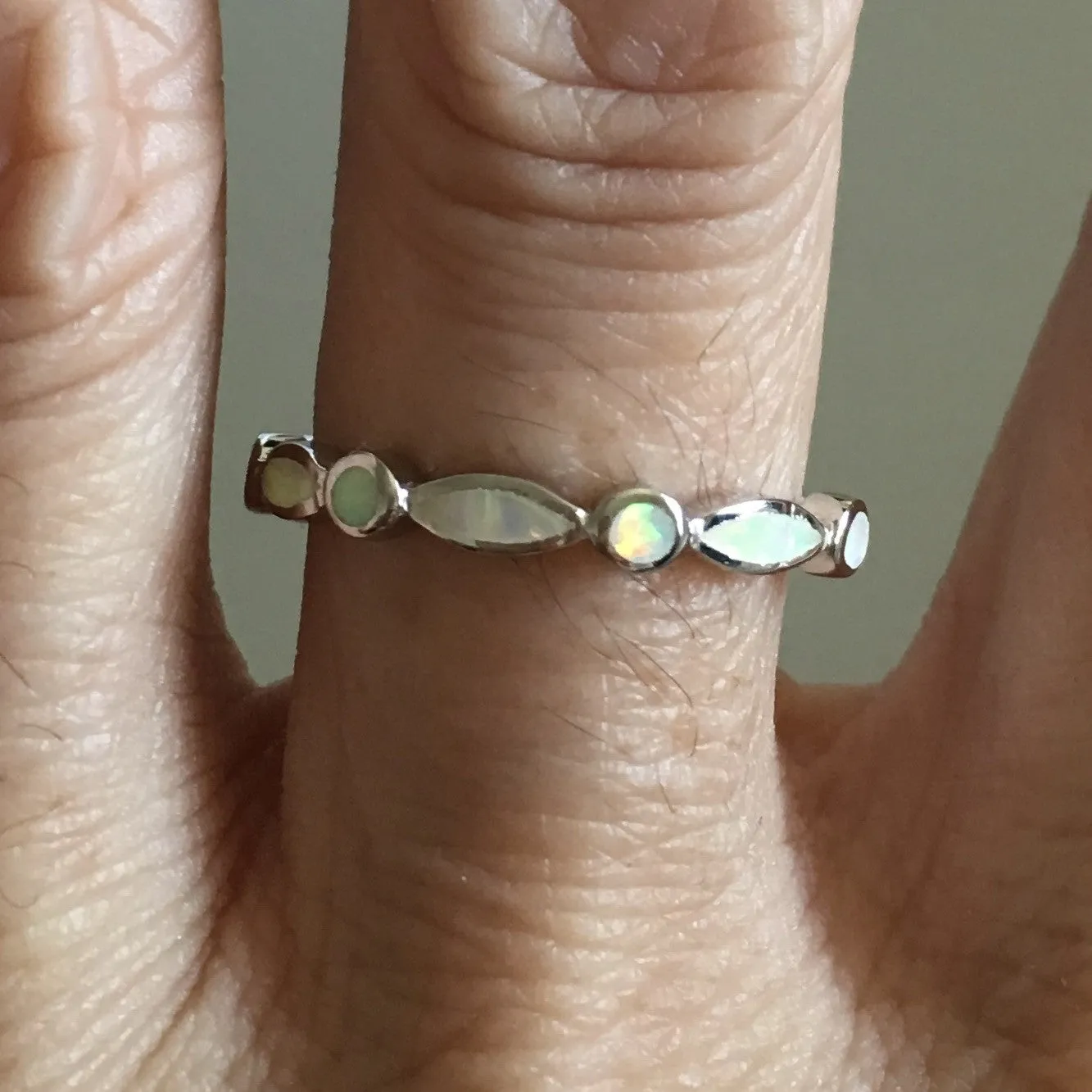 Sterling Silver Diamond Shape and Circle White Lab Opal Ring, Wedding Band, Silver Ring, Opal Ring