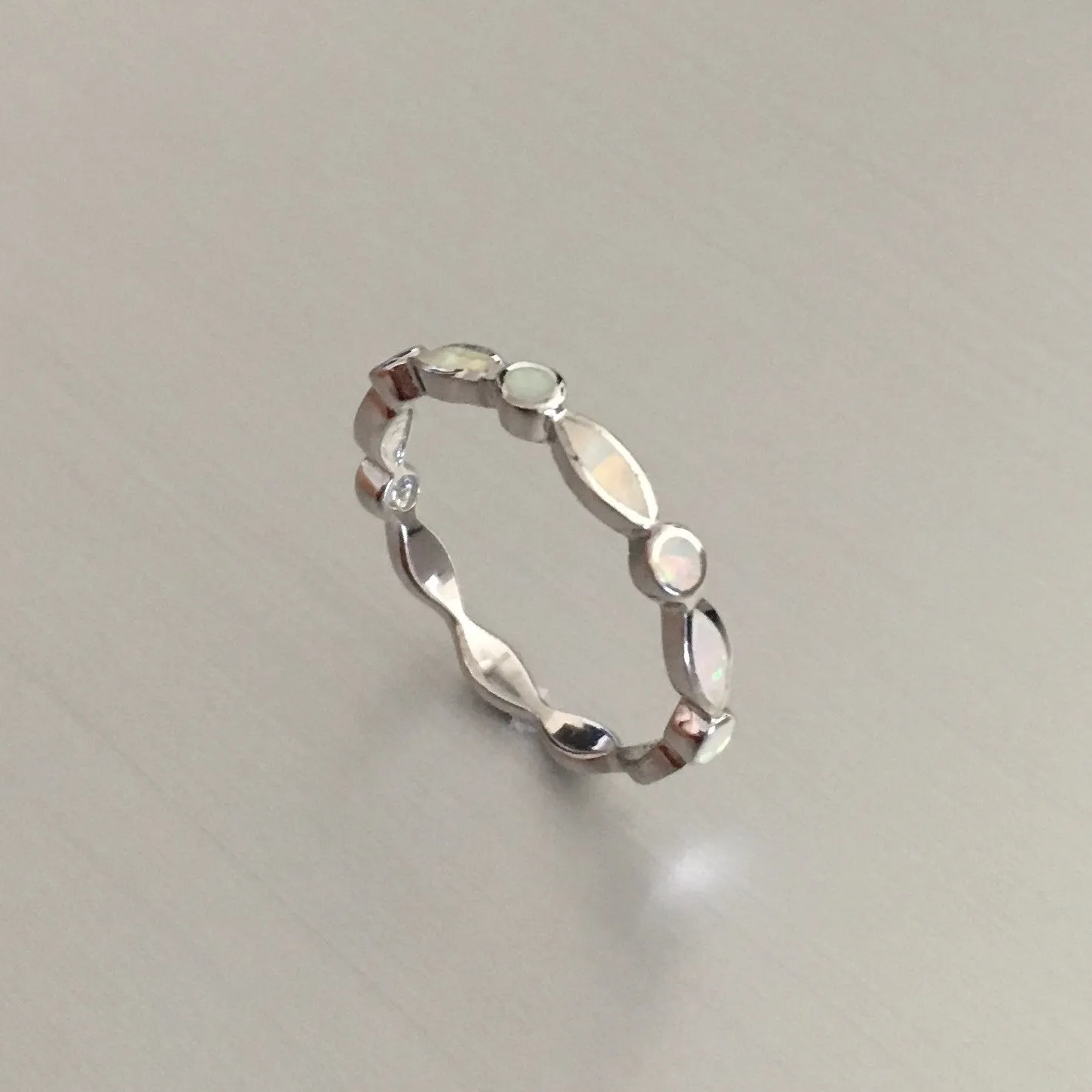 Sterling Silver Diamond Shape and Circle White Lab Opal Ring, Wedding Band, Silver Ring, Opal Ring
