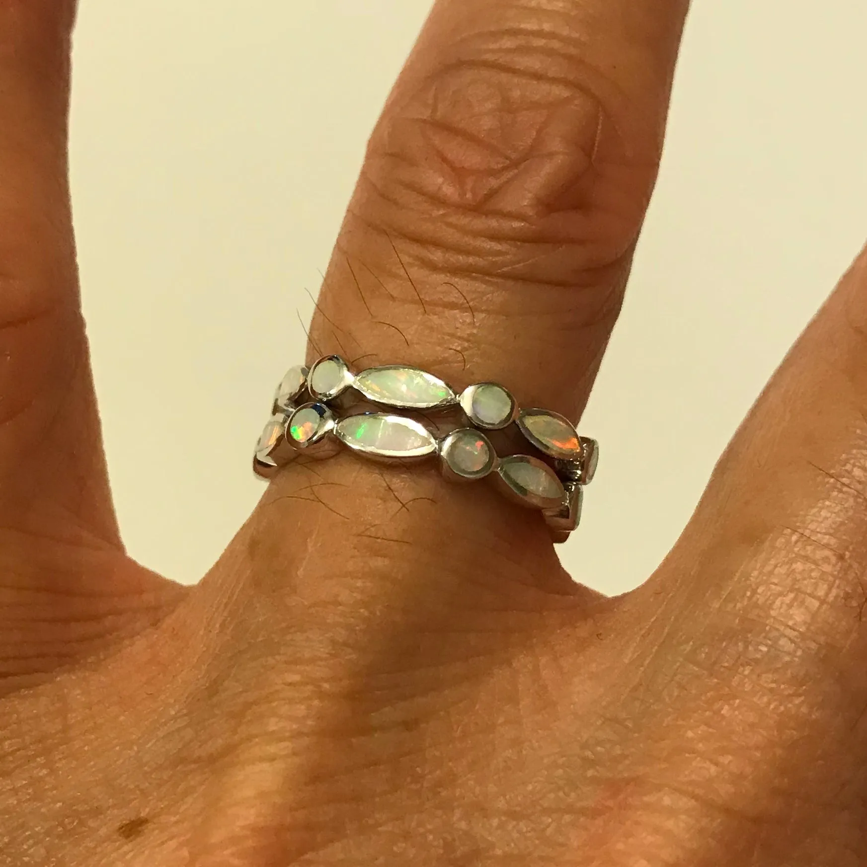 Sterling Silver Diamond Shape and Circle White Lab Opal Ring, Wedding Band, Silver Ring, Opal Ring