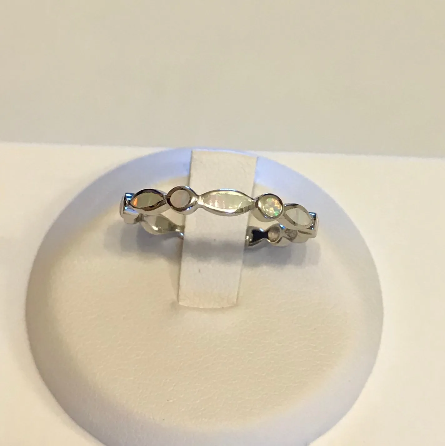 Sterling Silver Diamond Shape and Circle White Lab Opal Ring, Wedding Band, Silver Ring, Opal Ring