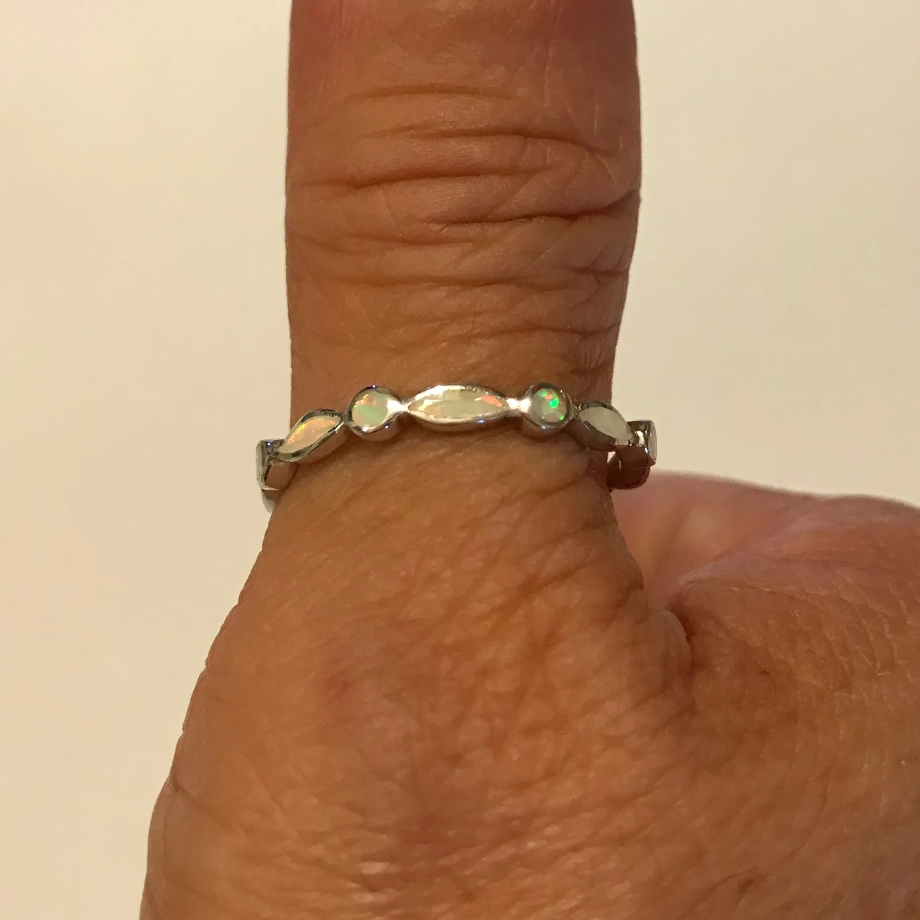 Sterling Silver Diamond Shape and Circle White Lab Opal Ring, Wedding Band, Silver Ring, Opal Ring