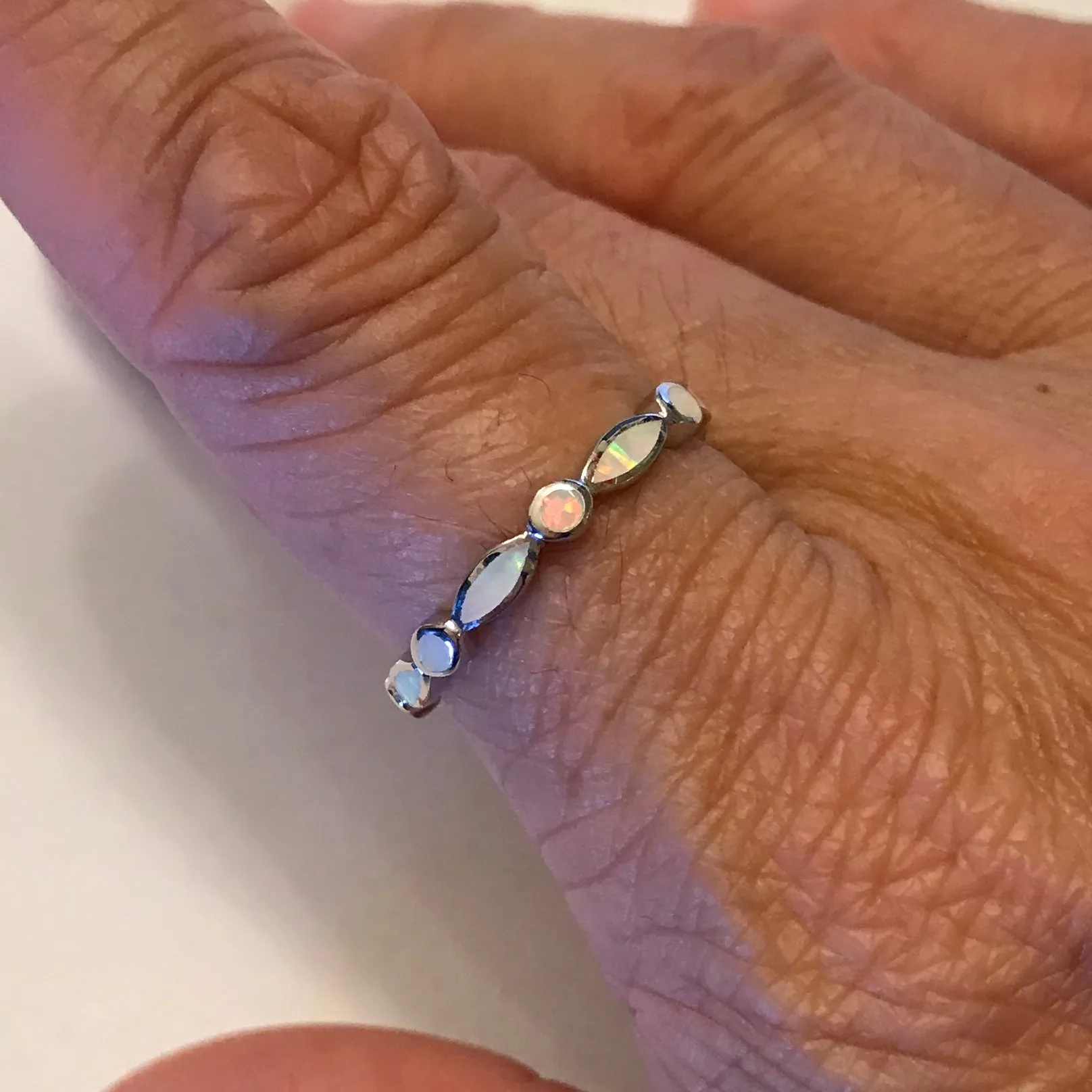 Sterling Silver Diamond Shape and Circle White Lab Opal Ring, Wedding Band, Silver Ring, Opal Ring