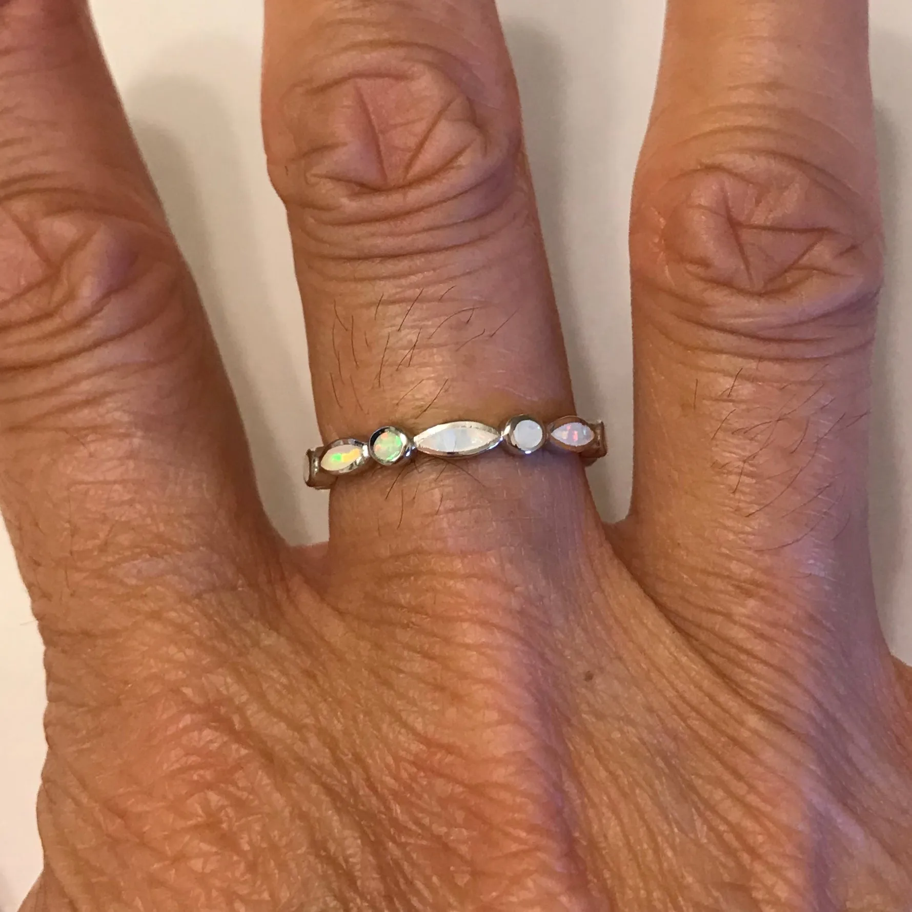 Sterling Silver Diamond Shape and Circle White Lab Opal Ring, Wedding Band, Silver Ring, Opal Ring