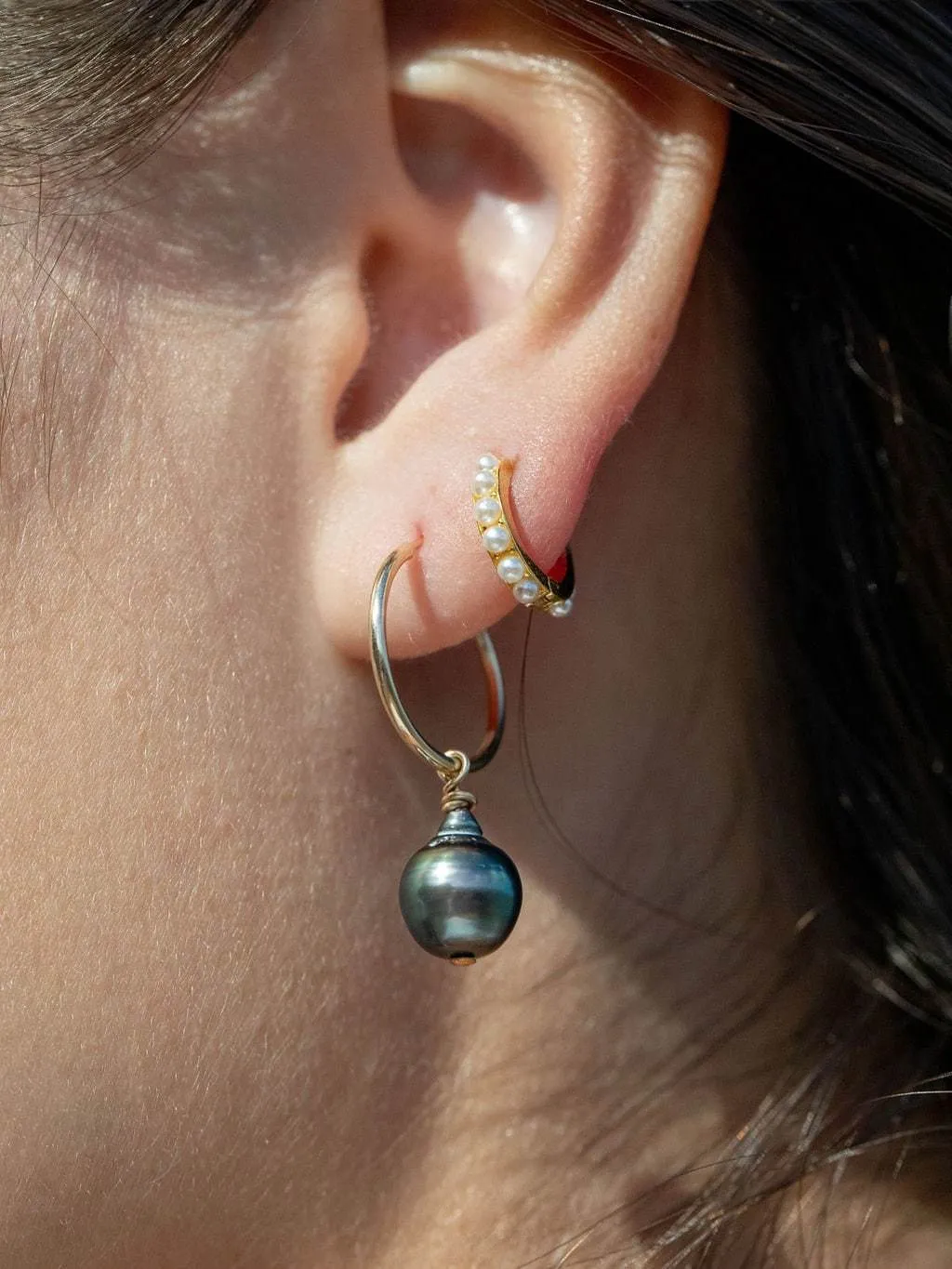 Thin Gold Filled Tahitian Pearl Hoop Earrings - Hokuloa