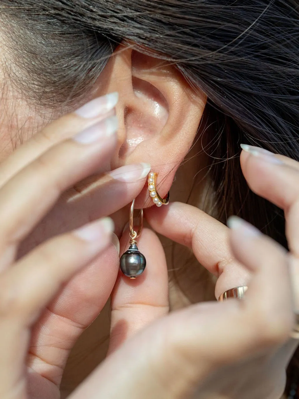 Thin Gold Filled Tahitian Pearl Hoop Earrings - Hokuloa